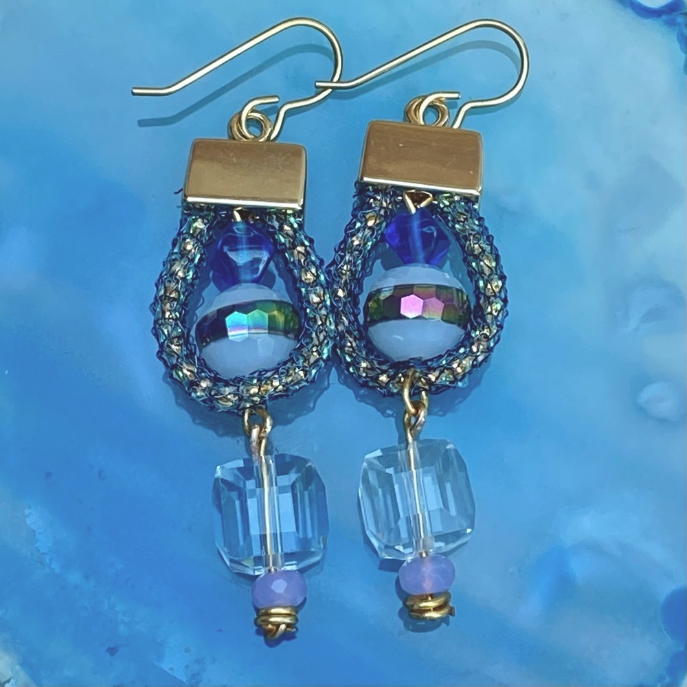Handmade Blue Knitted Wire Earrings
